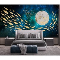 3D Magic Gold Fisch Marmor Mond Tapete Space Mural Kinderzimmer Schlafzimmer Kinder Fototapete Selbstklebend Exklusives Design von VinylicStickersShop