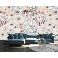 Aquarell Sommer Floral Muster Rosa Grau Blau Vinyl Tapete Wand Schlafzimmer Dekor Selbstklebend Exklusives Design Fototapete von VinylicStickersShop