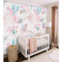 Baby Rosa Einhorn Floral Hintergrund Kinderzimmer Tier Tapete Vinyl Selbstklebend Exklusives Design Fototapete von VinylicStickersShop