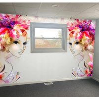 Bunte 3D Weibliche Gesichter Floral Abnehmbare Wand Wandbild Selbstklebend Line Art Decal Stoff Peel & Stick Beauty Salon Tapete von VinylicStickersShop