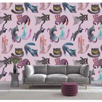 Bunte Katzen Muster Tapete Vinyl Aufkleber Wand Dekor Peel & Stick Wandbild Selbstklebend Exklusives Design Fototapete von VinylicStickersShop