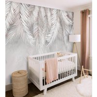 Extra Große Palmblätter Weiß Grau Wand Hintergrund Kinderzimmer Florale Tapete Foto Wandbild Selbstklebend Design Fototapete von VinylicStickersShop