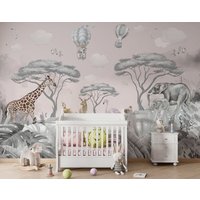 Kinderzimmer Tiere Tapete Giraffe Elefant Flamingos Luftballons Wandaufkleber Dekor Wand Wandbild Selbstklebend Exklusives Design von VinylicStickersShop