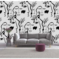 Schwarz Weiß Mono Line Abstrakte Weibliche Gesichter Mode Abnehmbare Tapete Wandbild Vinyl Art Aufkleber Peel & Stick Beauty Salon Wallpaper von VinylicStickersShop