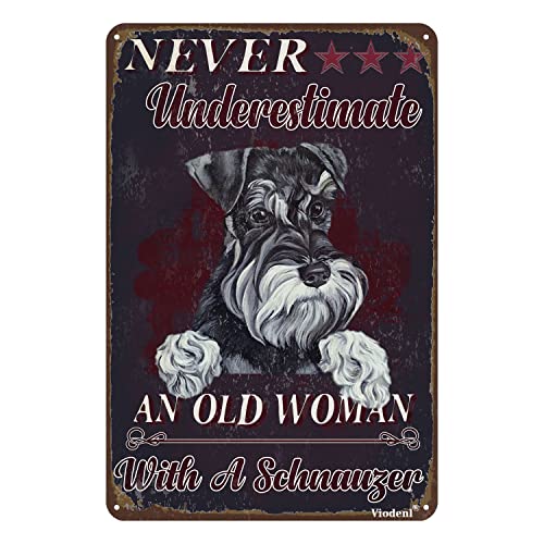 Blechschilder Retro Never Underestimate an Old Woman with A Schnauzer Blechschilder Vintage Retro Bar Club Höhle Zuhause Küche Wanddekoration 30,5 x 20,3 cm von Viodenl