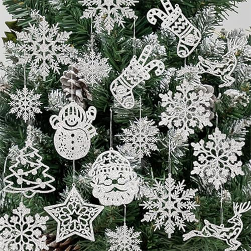 42 Stück Weihnachtsbaum Deko, Weihnachtsmänner Strümpfe Weihnachtsbäume Sterne Schneeflocken Schneemänner Rentiere Weihnachtsdeko zum Aufhängen, Glitter Weihnachtsbaumschmuck von Viojrlly