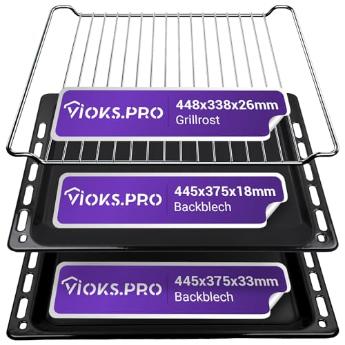 Vioks.pro Backblech 445 x 375 Set Ersatz für Backblech Whirlpool 481010683241 und Tiefes Backblech 44,5 x 37,5 x 3,3 & Grill Ofen Gitterrost für Backofen von Vioks.pro