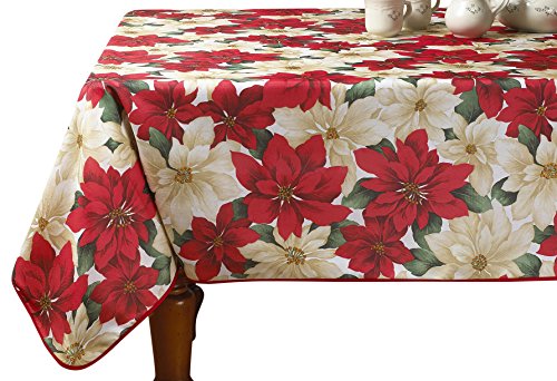 Violet Linen European Holiday Christmas Poinsettia Floral Design Tischdecke, Polyester, beige, 102 x 60 inch (Rectangular) von Violet Linen