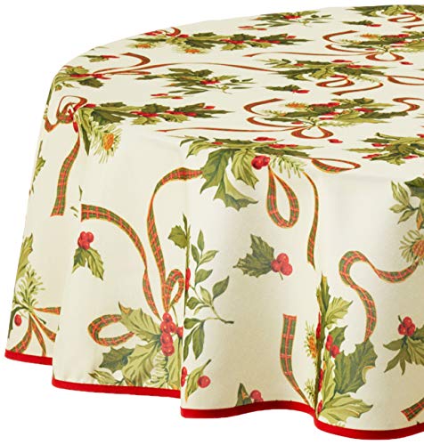 Violet Linen European Seasonal Christmas Ribbons Tischdecke, beige, 60" (Round) von Violet Linen