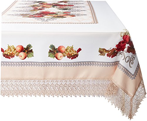 Violet Linen Fruttela Bedruckte Tischdecke mit Spitzenbesatz, 178 x 304 cm, Elfenbeinfarben von Violet Linen