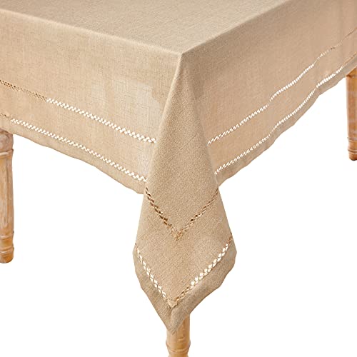 Violet Linen Hem Stitch Embroidered Vintage Design Rechteckige Tischdecke, Baumwolle Polyester, Haferflocken (Oatmeal), 60 in x 84 in von Violet Linen