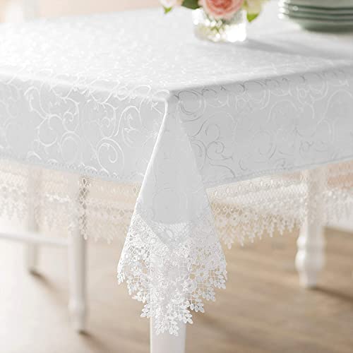 Violet Linen Jacquard-Tischdecke mit Blumenmuster, Spitze, 178 x 355 cm, Weiß von Violet Linen