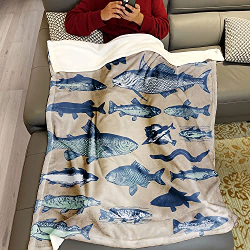 Violetpos 125x200 cm Flanell Weich Fleecedecke Kuscheldecken SanftBettüberwurf Decke Retro Fisch Kollektion von Violetpos