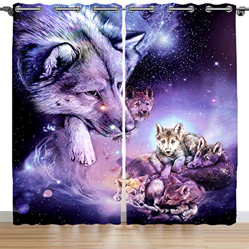 Violetpos 160 x 110 cm 2er Set Verdunkelungs Vorhang Mit Ösen Gardinen Schlafzimmer Ösenvorhang Verdunklungsgardinen Lila Galaxie Wolf Wölfe von Violetpos