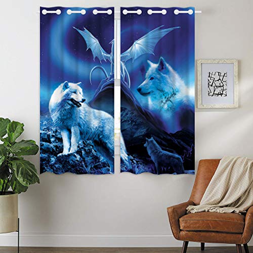 Violetpos 160 x 110 cm Weiß Wolf Drache Blau Mondnacht Gardinen Blickdichter 2er Set Vorhang Verdunkelung mit Ösen für Schlafzimmer Wohnzimmer von Violetpos