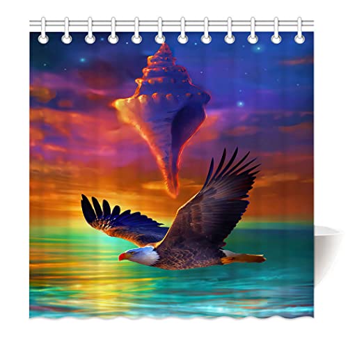 Violetpos 160x180 cm Anti-Schimmel und Wasserabweisend Shower Curtain mit 12 Duschvorhang 3D Digitaldruck Muschelinsel Adler Schöner Sonnenuntergang von Violetpos