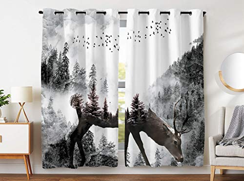 Violetpos 180 x 140 cm Grauer Wald Hirsch Elch Nebel Grau Gardinen Blickdichter 2er Set Vorhang Verdunkelung mit Ösen für Schlafzimmer Wohnzimmer von Violetpos