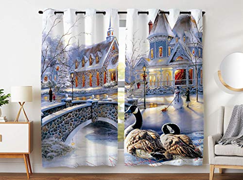 Violetpos 180 x 140 cm Weihnachten Villa Schneemann Schnee Gardinen Blickdichter 2er Set Vorhang Verdunkelung mit Ösen für Schlafzimmer Wohnzimmer von Violetpos