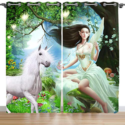 Violetpos 245 x 140 cm Fantasie Wald Elfe Engel Einhorn Gardinen Blickdichter 2er Set Vorhang Verdunkelung mit Ösen für Schlafzimmer Wohnzimmer von Violetpos