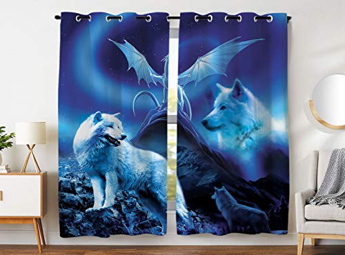 Violetpos 245 x 140 cm Weiß Wolf Drache Blau Mondnacht Gardinen Blickdichter 2er Set Vorhang Verdunkelung mit Ösen für Schlafzimmer Wohnzimmer von Violetpos