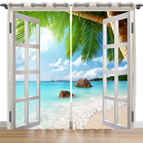 Violetpos 245 x 140 cm Weiße Fenster Strand Palmen Meer Gardinen Blickdichter 2er Set Vorhang Verdunkelung mit Ösen für Schlafzimmer Wohnzimmer von Violetpos