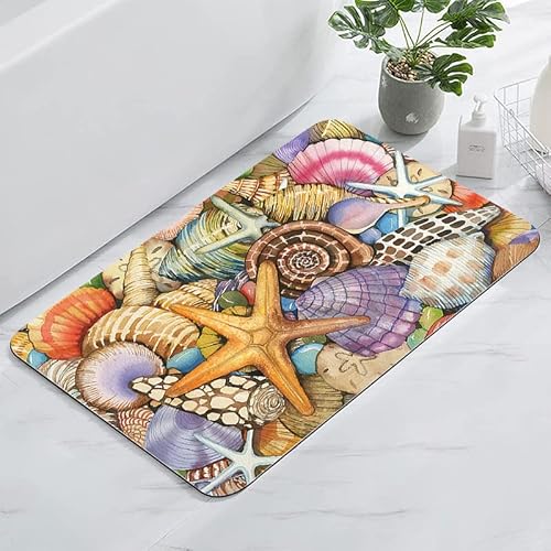 Violetpos 40 x 60 cm Super Absorbierende Bodenmatte,Schmutzabweisend Bodenmatte Für Bad,Duschmatte rutschfest,rutschfeste Mikrofaser Badematten Muscheln Muscheln Seesterne von Violetpos