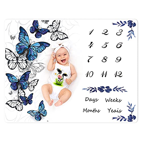 Violetpos Baby Monats Decke für Jungen und Mädchen Unisex | Baby Meilenstein Decke FotodeckeBlauer Schmetterling 100 x 125 cm von Violetpos