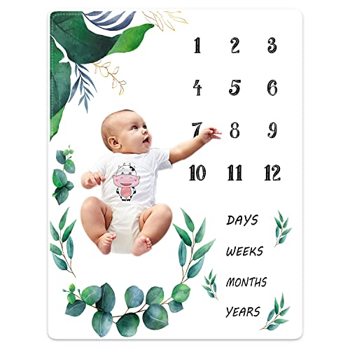 Violetpos Baby Monats Decke für Jungen und Mädchen Unisex | Baby Meilenstein Decke FotodeckeGrüne Blätter Eukalyptusblätter 100 x 125 cm von Violetpos