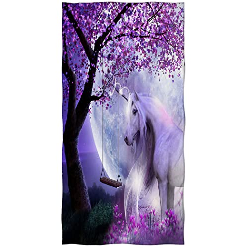 Violetpos Badetuch Lila Blumen Baum Weißes Einhorn Mythos 70 cm x 140 cm Strandtuch von Violetpos