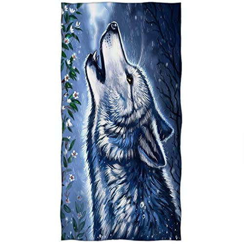 Violetpos Badetuch Regen Heulender Wolf Weiße Blumen 70 cm x 140 cm Strandtuch von Violetpos