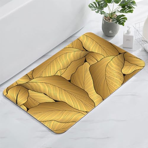 Violetpos Badezimmerteppich 40x60 cm Badvorleger rutschfeste Saugfähig Badteppich für Duschvorleger Badezimmer Waschbar Badematte(Tropische Blätter botanische Gold) von Violetpos
