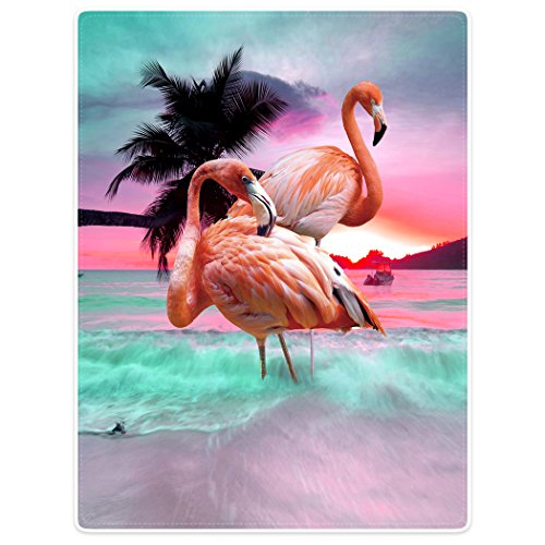 Violetpos Dick Decke Weich Wärme Gemütlich Flanell-Fleece Sofadecke Deckeldecke Die schöne rosa Flamingos Sonnenuntergang kokospalmen 125 x 200 cm von Violetpos