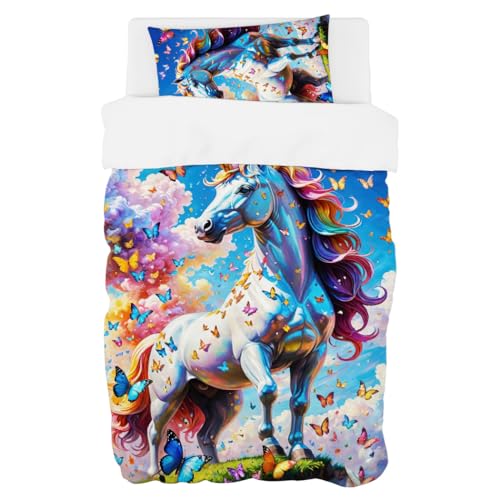 Violetpos Einhorn Schmetterling Bettwäsche 135x200 cm Microfaser mit Reißverschluss 2 teilig Set mit 1 Bettbezug und 1 Kissenbezug 80x80 cm für Einzelbett von Violetpos