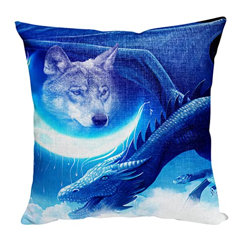 Violetpos Kissenbezug Dekokissen 50x50 cm Kissenhülle Deko Wohnzimmer Kissenbezüge Kissen Bezug Pillow Cover Sofakissen Kopfkissenbezug Kissenhüllen Wolf Mond Drache Blau von Violetpos