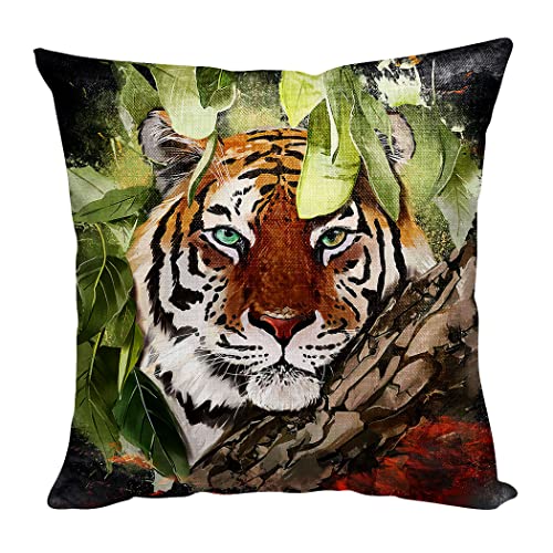 Violetpos Kissenbezug Dekokissen 60x60 cm Kissenhülle Deko Wohnzimmer Kissenbezüge Kissen Bezug Pillow Cover Sofakissen Kopfkissenbezug Kissenhüllen Tiger grüne Blätter Rindenstruktur von Violetpos