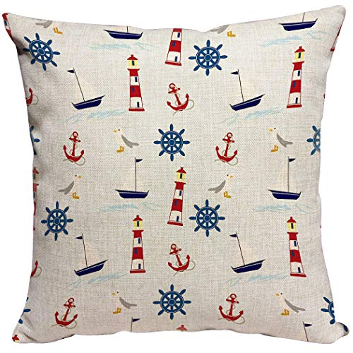 Violetpos Kissenhülle Deko Sofa Zierkissenbezug Auto Zierkissenbezüge Kissenbezüge Kopfkissen Kissen Cartoon Leuchtturm dunkelblaues Anker Steuer Schiff 40 x 40 cm von Violetpos