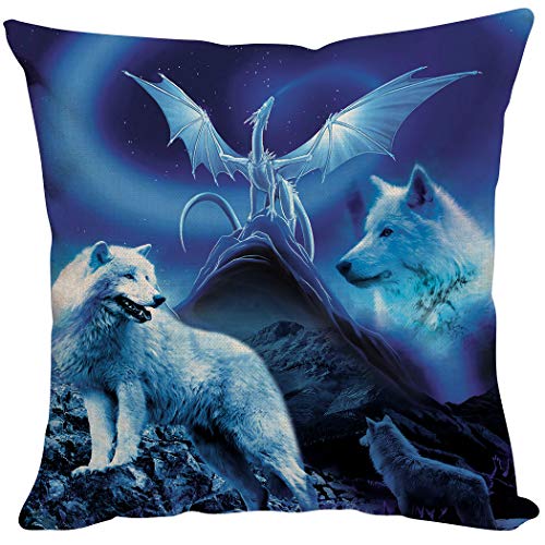 Violetpos Kissenhülle Sofa Zierkissenbezug Auto Zierkissenbezüge Kissenbezüge Kissen Weiß Wolf Drache Blau Mondnacht 40 x 40 cm von Violetpos