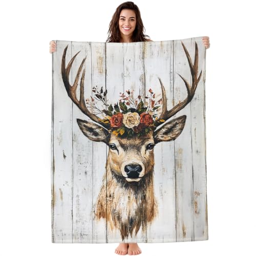 Violetpos Rustikales Hirsch mit Blumenkranz kuscheldecke flauschig Decke Fleecedecke 150x200 cm Wohndecke Wohnzimmerdecke,Weiche Warm und Gemütlich für Sofa Couch von Violetpos