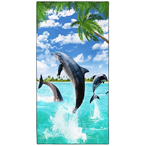 Violetpos Schnell Trocknende und Leichte Strand Handtücher Strandtuch groß 90x180 cm Schnelltrocknendes Mikrofaser Bedrucktes mit Delfine Palmen Hawaii von Violetpos
