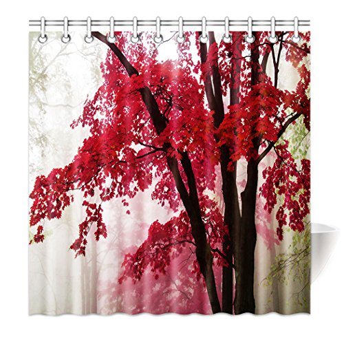 Violetpos Top Qualität Anti-Schimmel Duschvorhang Digitaldruck für Badezimmer Badvorhänge Rotes Ahornblatt Baum Nebel 180 x 200 cm von Violetpos