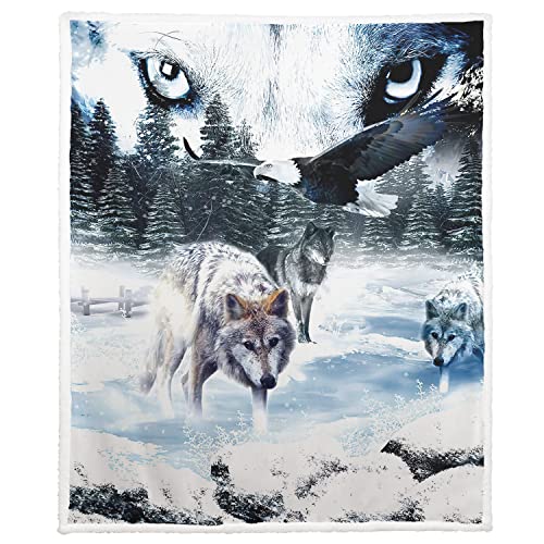 Violetpos Warm Sherpa Sofaüberwurf Decke 150x200 cm Dicke Kuscheldecken Sanft Flanell Weich Fleecedecke Bettüberwurf Schneewald Wölfe Adler von Violetpos