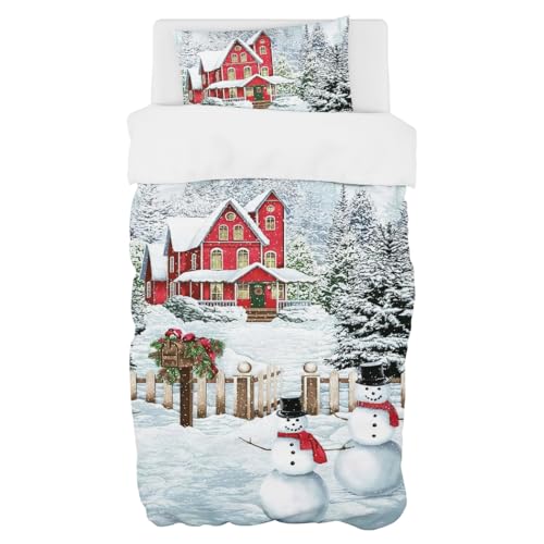 Violetpos Weihnachten Schneemann Bettwäsche 135x200 cm Microfaser mit Reißverschluss 2 teilig Set mit 1 Bettbezug und 1 Kissenbezug 80x80 cm für Einzelbett von Violetpos