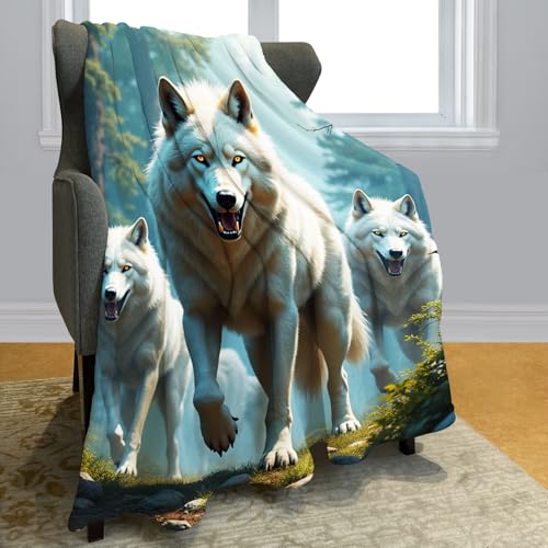 Violetpos Weißer Wölfe Decke 150 x 200 cm Flauschig Kuscheldecke Weich Fleecedecke Gemütliche Wohndecke Warm Sofadecke Tier Thema von Violetpos