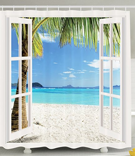 Violetpos Weißer hölzerner Fenster-Palmen-Strand Duschvorhang Badezimmer Dekorative 90 x 180 cm von Violetpos
