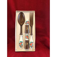 Vintage Retro Boxed Salco Kunststoff Hostess Set. Löffel Und Gabel 11" Lang. Salz Pfeffer Töpfe 1970Er Jahre von VioletsEmporiumStore