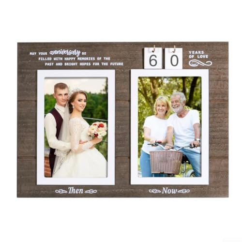 Bilderrahmen aus Holz für damals und jetzt, mit doppeltem 10,2 x 15,2 cm großen Foto, das Meilensteine der Liebe von 1 bis 99 Jahren feiert und mit einem durchdachten Zitat von Violiica