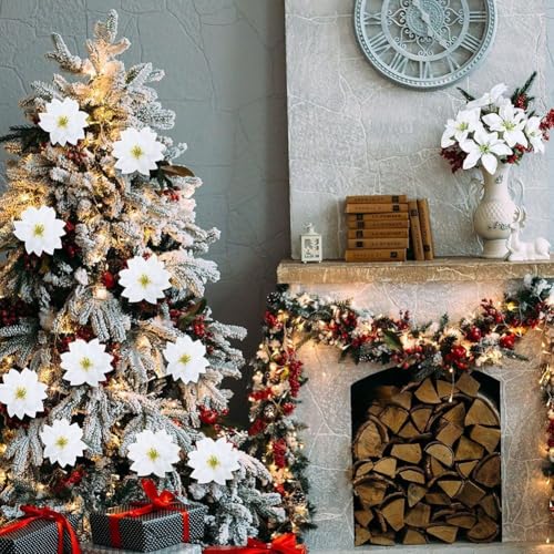 Festliches Seiden-Weihnachtsstern-Blumen-Set enthält 6 Blumensträuße mit je 7 wunderschönen Blütenköpfen für Weihnachtsdekoration (weiß) von Violiica