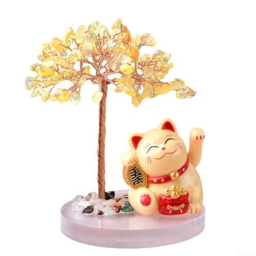 Naturstein gefüllt für Kristallbaum auf entzückender Glückskatzenbasis für positiven Energiefluss (gelb) von Violiica