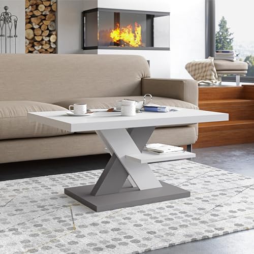 Viosimc Couchtisch, Moderner Wohnzimmertisch, Modern Möbel Wohnzimmer, Kaffeetisch, Sofatisch mit Großer Ablage, Beistelltisch für Tee und Kaffee – Coffee Table for Living Room - Weiß & Grau von Viosimc