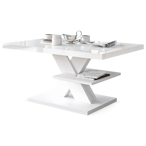 Viosimc Couchtisch Hochglanz Weiß, Modern Wohnzimmertisch Beistelltisch mit 1 Ablage. Sofatisch Kaffeetisch Weiß mit Hochglanz-Tischplatte, Moderner Weißer 90x60x45cm von Viosimc